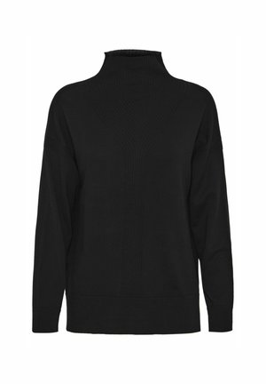 Black turtleneck sweater with a textured design. Features long sleeves, a relaxed fit, and ribbed accents at the neck and hem.