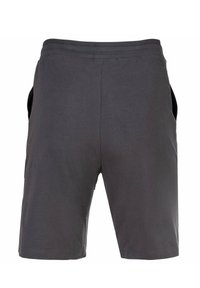 Ciemnoszare spodenki z elastycznym pasem, bocznymi kieszeniami i gładką bawełnianą fakturą, o prostym kroju bez widocznych wzorów.