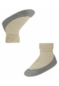 Calzini beige e grigi con un design texturizzato. Presentano un risvolto abbinato, una punta arrotondata grigia e elementi antiscivolo sulla suola per una migliore aderenza.