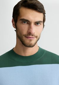 Grüner und hellblauer gestreifter Pullover mit einem gerippten Rundhalsausschnitt. Glatte Textur und taillierter Schnitt. Keine bemerkenswerten Muster oder Akzente.