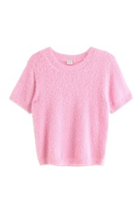 Maglione rosa a maniche corte realizzato in materiale sfocato e testurizzato con scollo rotondo e vestibilità comoda, caratterizzato da un colore uniforme su tutta la superficie.