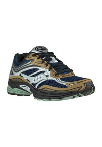 Scarpa da corsa da uomo con tomaia in rete blu navy e accenti in argento e bronzo, suola nera ammortizzata e lacci neri texturizzati.