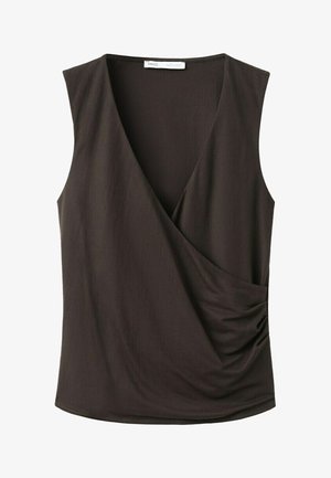 Ärmelloses dunkelbraunes Wickel-Top mit V-Ausschnitt und gerafftem Drapéedetail auf der rechten Seite aus weichem Stoff.