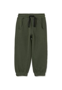 Pantaloni della tuta verde scuro realizzati in tessuto morbido, dotati di un cinturino elastico con cordino, due tasche laterali e polsini elasticizzati.