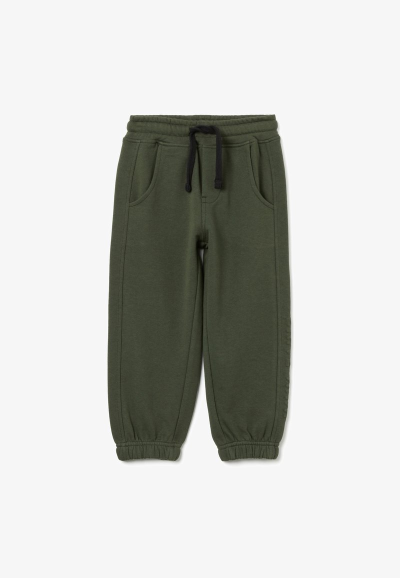 Pantaloni della tuta verde scuro realizzati in tessuto morbido, dotati di un cinturino elastico con cordino, due tasche laterali e polsini elasticizzati.