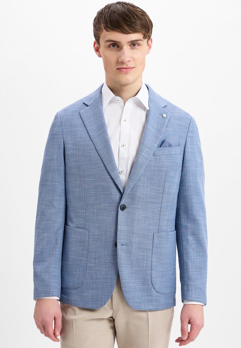 Hellblaues Blazer aus strukturiertem Stoff, mit Reverskragen, zwei frontalen Taschen und einem einzelnen Knopfverschluss.