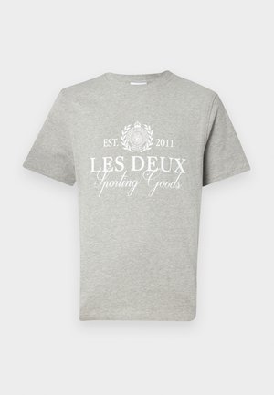 Gray short-sleeve T-shirt made of cotton, featuring white printed text "LES DEUX Sporting Goods" with a circular logo above and established year.