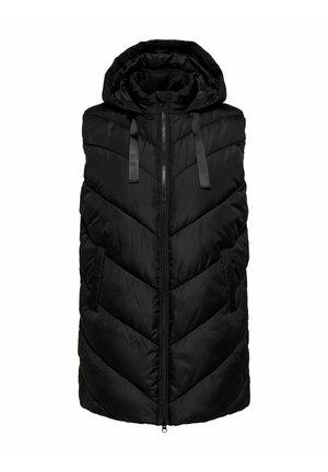 Veste noire matelassée sans manches avec capuche, fermeture éclair frontale et deux poches latérales, conçue pour la chaleur et l'usage en extérieur.