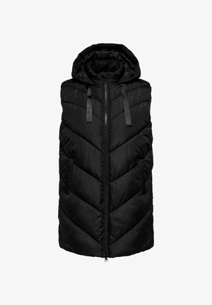 Zwarte mouwloze gewatteerde vest met capuchon, ritssluiting aan de voorkant en twee zijzakken, ontworpen voor warmte en buitenactiviteiten.