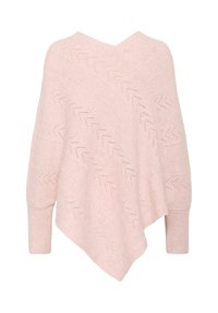 Šviesiai rožinė nertinė pončo su zigzaginio rašto, V formos iškirpte ir asimetriniu hemu. Minkšta tekstūra su ilgomis rankovėmis ir detalizavimu.