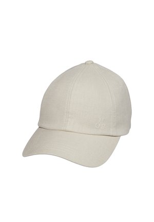 Beige Stoff-Baseballkappe mit gebogenem Schirm und dezent gesticktem "MOP" auf dem vorderen Seitenpaneel.