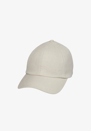 Casquette de baseball en tissu beige avec visière incurvée et un discret "MOP" brodé sur le panneau latéral avant.