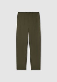 Pantaloni verde oliva con una texture liscia, dotati di una cintura, due tasche laterali e una vestibilità sagomata con dettagli plissettati.