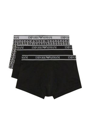 Bañadores negros de Emporio Armani, con una cinturilla elástica con marca. Un par tiene una banda con un diseño; los otros son de color negro sólido.