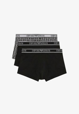 Bañadores negros de Emporio Armani, con una cinturilla elástica con marca. Un par tiene una banda con un diseño; los otros son de color negro sólido.