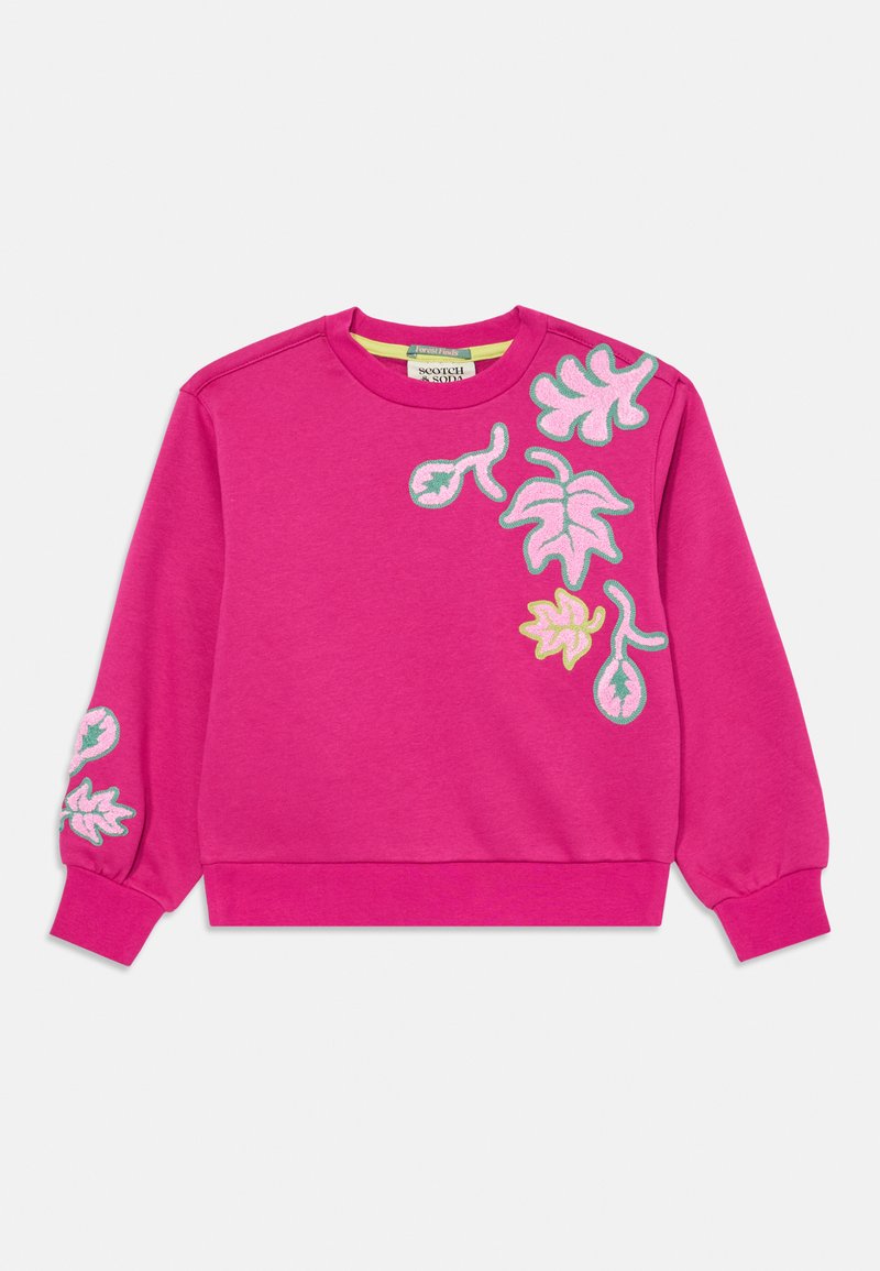 Felpa rosa con scollatura rotonda e maniche lunghe. Presenta ricami di foglie multicolori sulla parte anteriore. Materiale in cotone morbido.