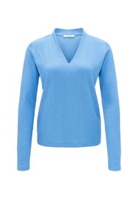Blauer Langarmpullover mit V-Ausschnitt, strukturiertem Gewebe und lockerer Passform. Er hat eine einfarbige Gestaltung ohne Muster oder Akzente.