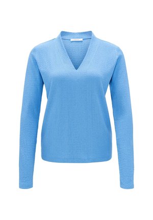 Blauer Langarmpullover mit V-Ausschnitt, strukturiertem Gewebe und lockerer Passform. Er hat eine einfarbige Gestaltung ohne Muster oder Akzente.