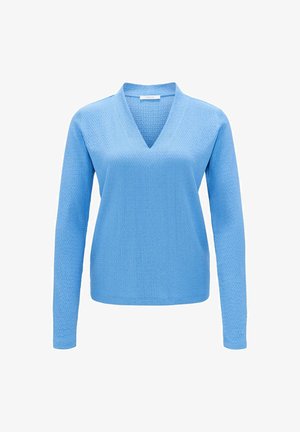 Blauer Langarmpullover mit V-Ausschnitt, strukturiertem Gewebe und lockerer Passform. Er hat eine einfarbige Gestaltung ohne Muster oder Akzente.
