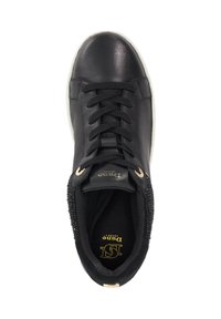 Black leather sneaker with a rounded toe, textured side accents, gold eyelets, and white rubber sole. Interior features logo in gold.