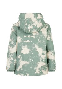 Groene en witte spetterpatroon jas met een capuchon, textuurstof, elastische manchetten en een rechte zoom, gezien vanaf de achterkant.