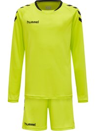 Langärmliges, leuchtend gelbes Sporttrikot mit schwarzen Akzenten und Logo; kombiniert mit passenden Shorts; aus leichtem, atmungsaktivem Stoff gefertigt.