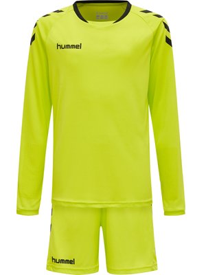 Langearm, felgele sportshirt met zwarte accenten en logo; gecombineerd met bijpassende shorts; gemaakt van lichtgewicht, ademend materiaal.
