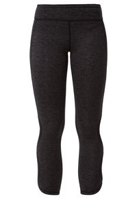 Leggings de sport noirs et ajustés avec une texture lisse, une large ceinture et des détails de coutures contrastantes sur les côtés.