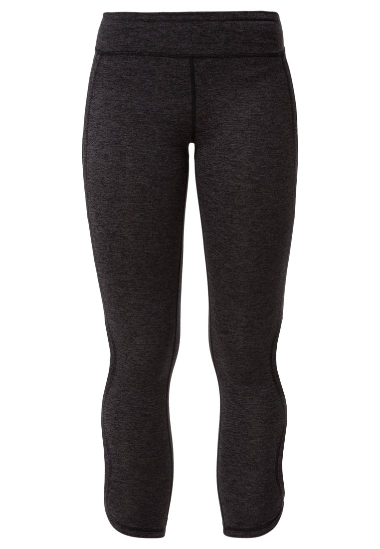 Leggings de sport noirs et ajustés avec une texture lisse, une large ceinture et des détails de coutures contrastantes sur les côtés.