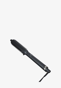 Zwarte haarstylingsborstel met een getextureerde cilinder, rubberen grip en aan/uit-knop. Bevat gelijkmatig verspreide plastic haren. Aangesloten kabel.