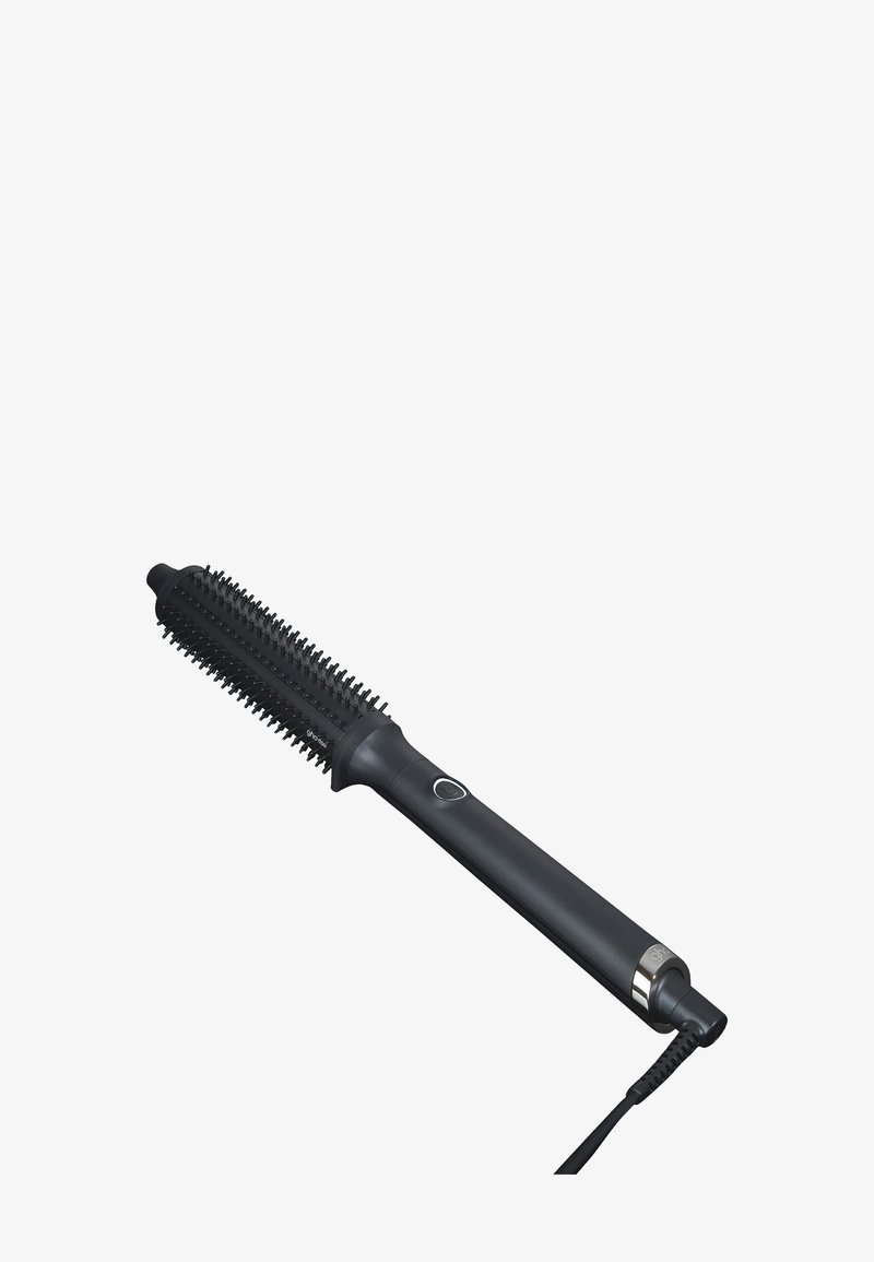 Zwarte haarstylingsborstel met een getextureerde cilinder, rubberen grip en aan/uit-knop. Bevat gelijkmatig verspreide plastic haren. Aangesloten kabel.