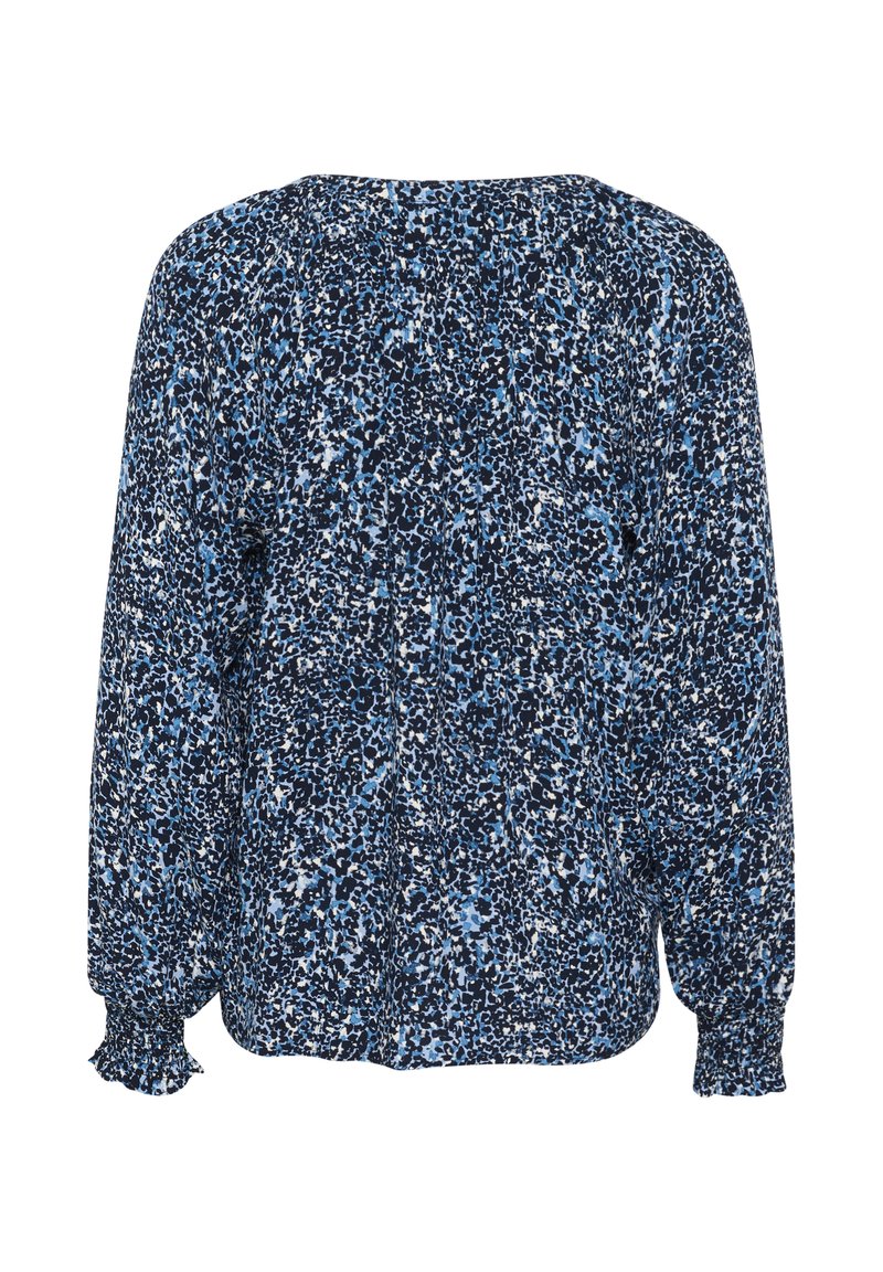 Blumenbluse in Marineblau mit hellblauen und weißen Mustern. Mit langen Ärmeln und elastischen Bündchen sowie einem lässigen Schnitt. Weicher, strukturierten Stoff.