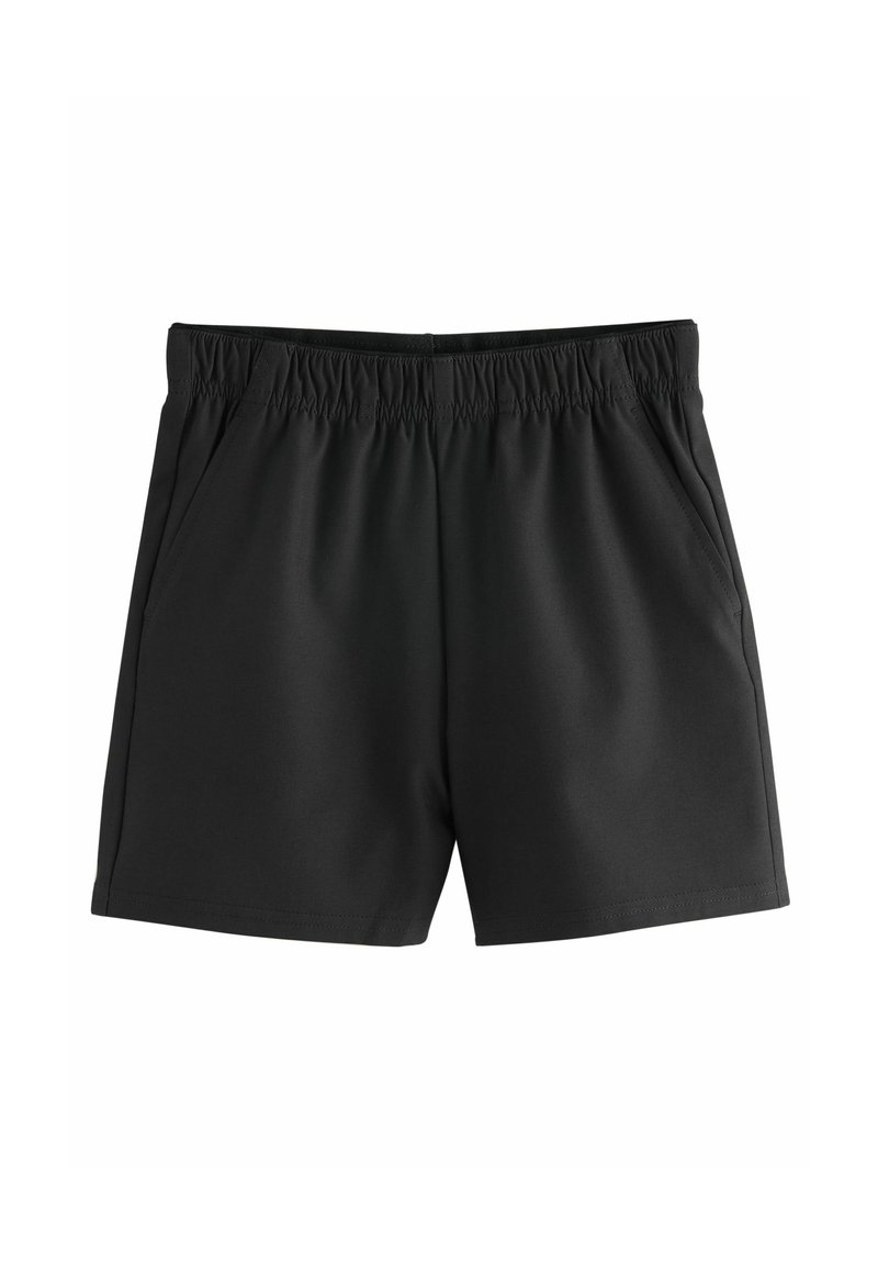 Svarta atletiska shorts i mjukt, stretchigt tyg. Har en elastisk midja och två sidofickor, med en slät, matt textur.