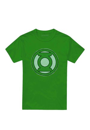 Green short-sleeve t-shirt with a large light green and black Green Lantern logo centered on the front.