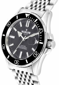 Stainless steel watch with a black dial, luminous markers, and a rotating bezel. Features a mesh bracelet and quartz movement, water resistant to 100m.