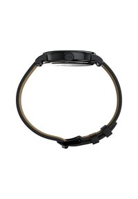 Reloj de pulsera negro con una caja redonda elegante, correa de cuero negro y un interior marrón contrastante. Diseño minimalista con un cierre simple.