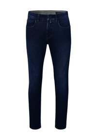Donkerblauwe denim jeans met een slim fit, voorzakken en een enkele muntzak. De stof toont een subtiele textuur en lichte vervaging.