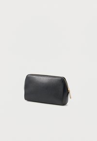 Black leather pouch with a textured finish, zip closure, and gold-tone zipper pull. Rectangular shape, slim design, suitable for storage.