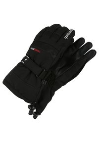 Guanti invernali neri realizzati in materiale softshell. Presentano una presa testurizzata, un polsino regolabile con fibbia e un polsino elastico per il calore.