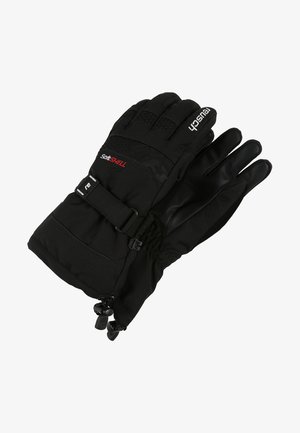 Guantes de invierno negros hechos de material softshell. Cuentan con un agarre texturizado, puño ajustable con hebilla y muñequera elástica para mayor calidez.