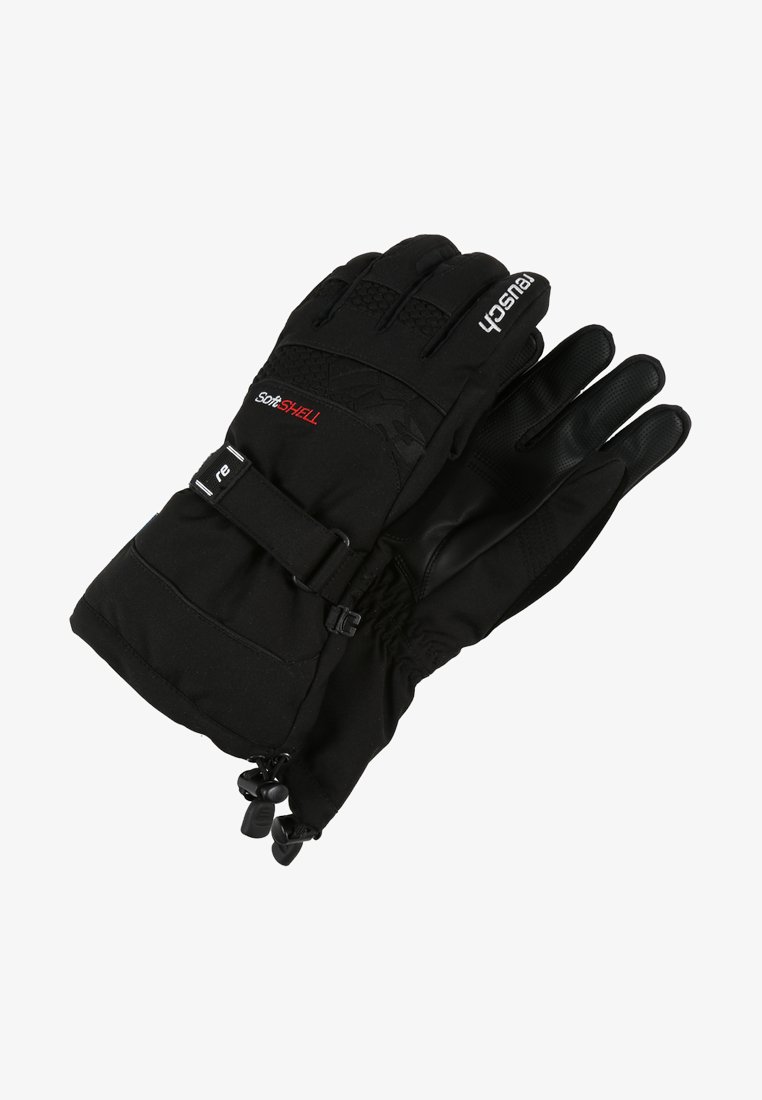 Guanti invernali neri realizzati in materiale softshell. Presentano una presa testurizzata, un polsino regolabile con fibbia e un polsino elastico per il calore.