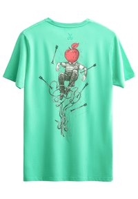 Mintgroene katoenen t-shirt met een grafisch ontwerp op de achterkant, met een figuur die zit met een appel als hoofd en pijlen om hem heen.