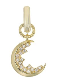 Charm de luna creciente dorada con una superficie texturizada y pequeños diamantes a lo largo de un borde, además de un lazo pulido para su sujeción.