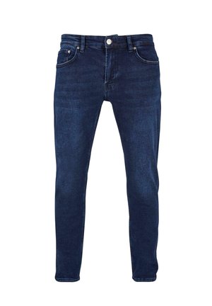 Jeans in denim blu scuro con design classico a cinque tasche, vestibilità dritta, vita media e leggera sbiaditura per texture. Accenti in hardware argentato.