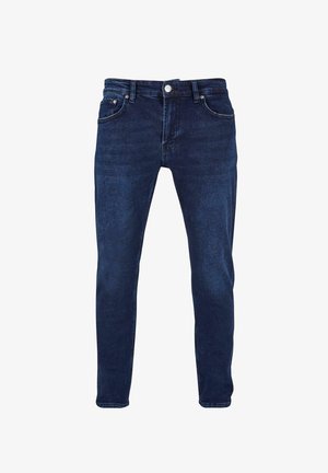 Sötétkék farmernadrág klasszikus öt zsebes kialakítással, egyenes szabással, közép magas derekkal és finom kopásokkal a textúra érdekében. Ezüst színű fém kiegészítők.