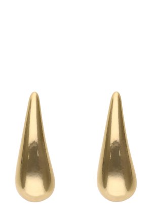 Gold teardrop earrings with a polished finish, featuring a smooth, tapered design and rounded base. Each earring is symmetrical in shape.