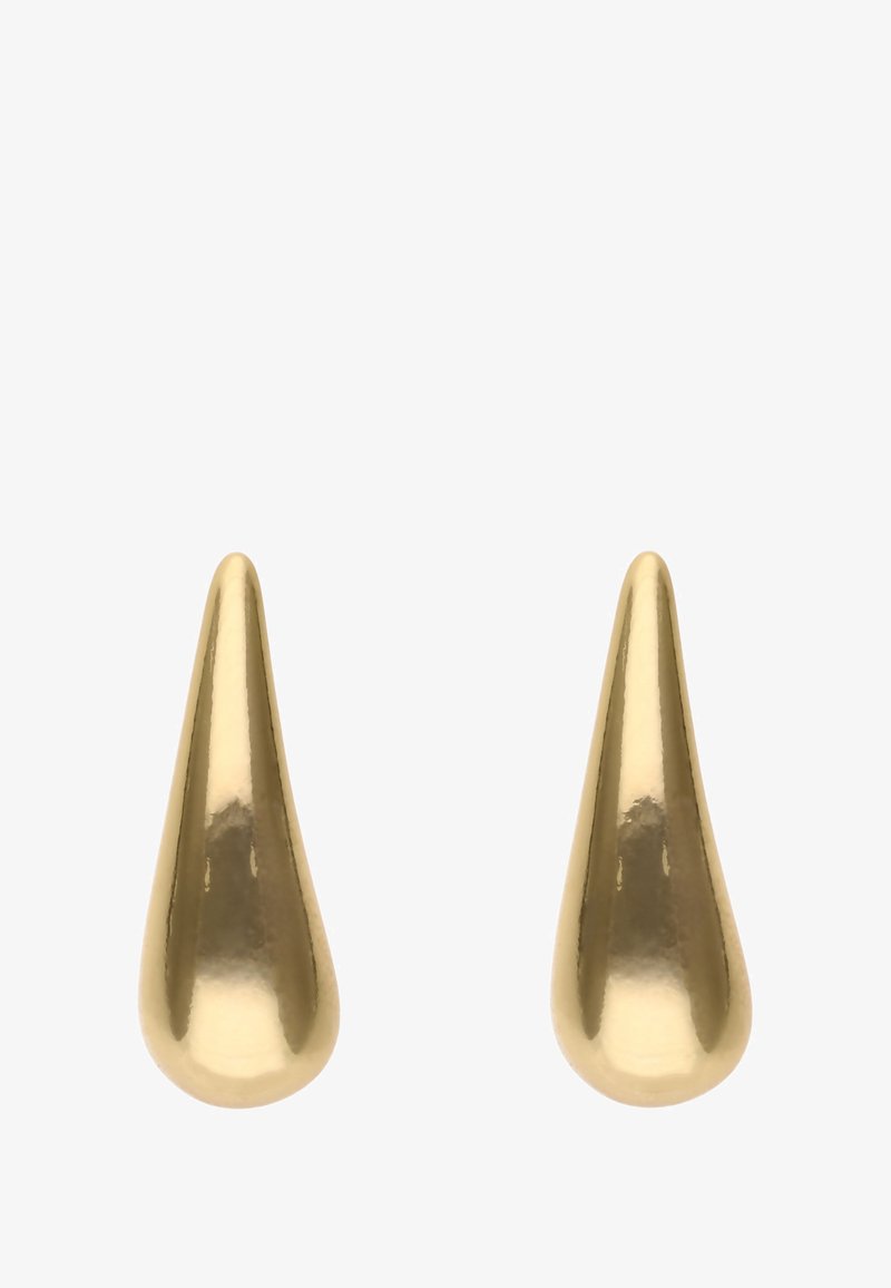 Orecchini a goccia in oro con una finitura lucida, caratterizzati da un design affusolato e una base arrotondata. Ogni orecchino ha una forma simmetrica.