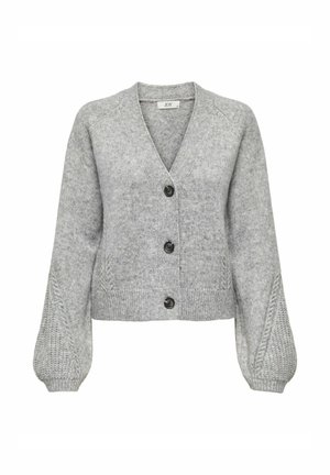 Grau gestrickte Strickjacke mit V-Ausschnitt, vier schwarzen Knöpfen und strukturierten Ballonärmeln mit einem gerippten Saum. Das Material wirkt weich und gemütlich.