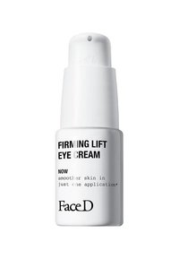 White pump bottle of eye cream with black text, labeled "Firming Lift Eye Cream." Includes usage claim for smoother skin in one application.