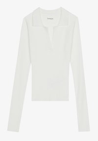 Polo blanc à manches longues côtelées avec col en V, coupe slim et étiquette de marque Even&Odd à l'intérieur du col.